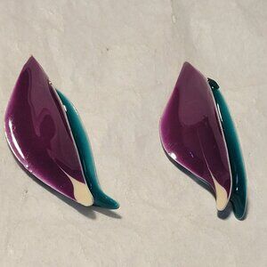 Rare Vintage Steel and Enamel Petal Pierced Earrings, Purple, Teal, and White